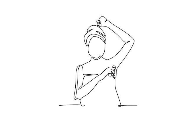 Mujer aplicando desodorante después de la ducha matutina preparándose por la mañana concepto dibujo en línea