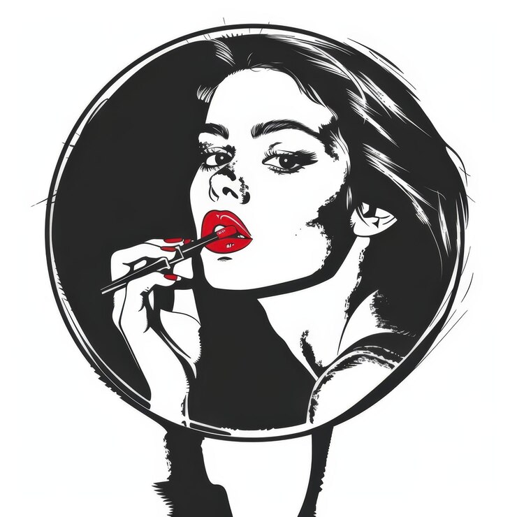 Vector mujer aplicando lápiz labial rojo - ilustración de retrato vintage