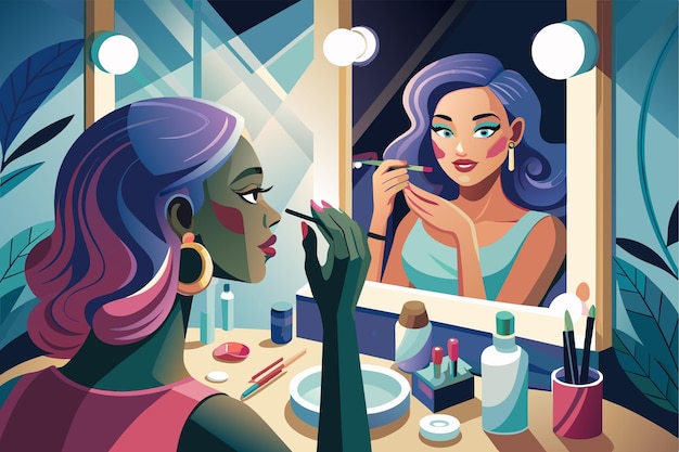 Vector una mujer aplicando maquillaje frente a un espejo centrándose en su cara con varios productos cosméticos