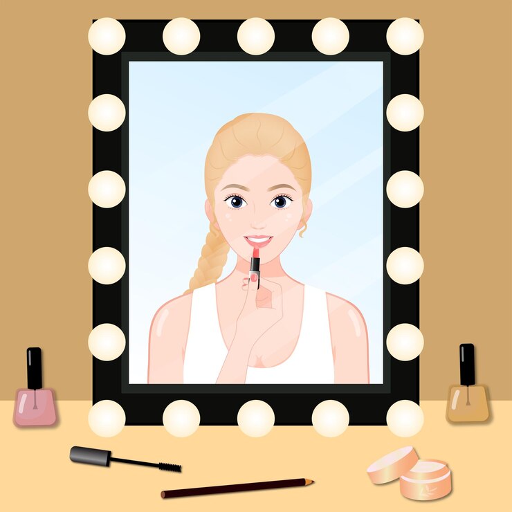 Mujer aplicando maquillaje mirándose al espejo productos cosméticos lápiz labial maquillaje mesa producto para el cuidado de la piel