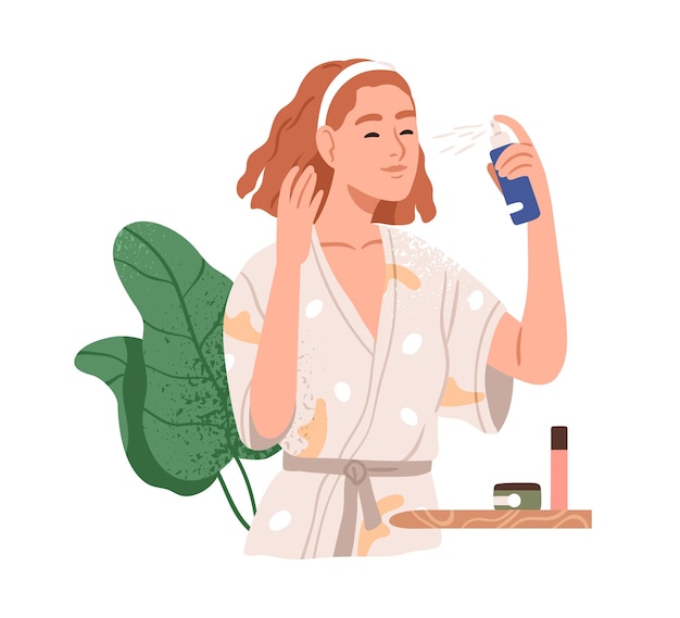 Mujer aplicando spray hidratante en la piel de la cara. Esencia eco natural para el cuidado de la piel del rostro. Chica con humectante líquido, producto de belleza. Ilustración de vector gráfico plano aislado sobre fondo blanco