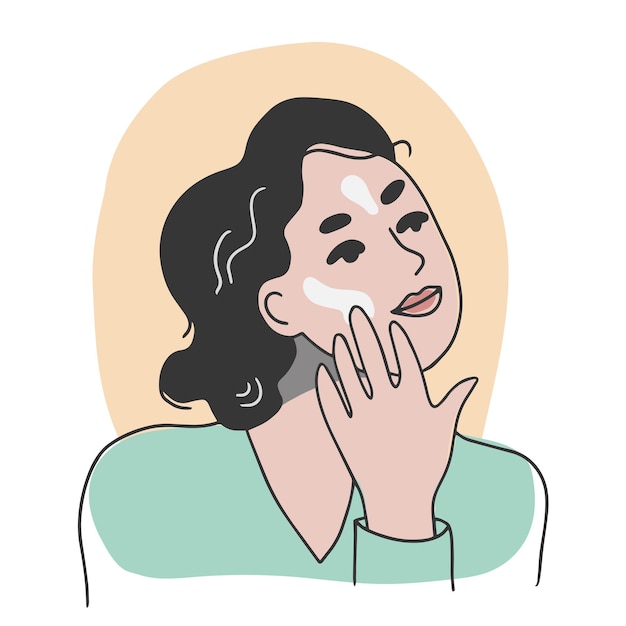 Mujer aplicándose crema en la cara personaje femenino durante la rutina de cuidado de la piel ilustración dibujada a mano