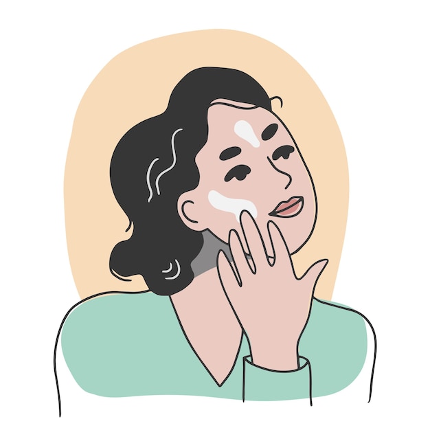 Mujer aplicándose crema en la cara Personaje femenino durante la rutina de cuidado de la piel Ilustración dibujada a mano