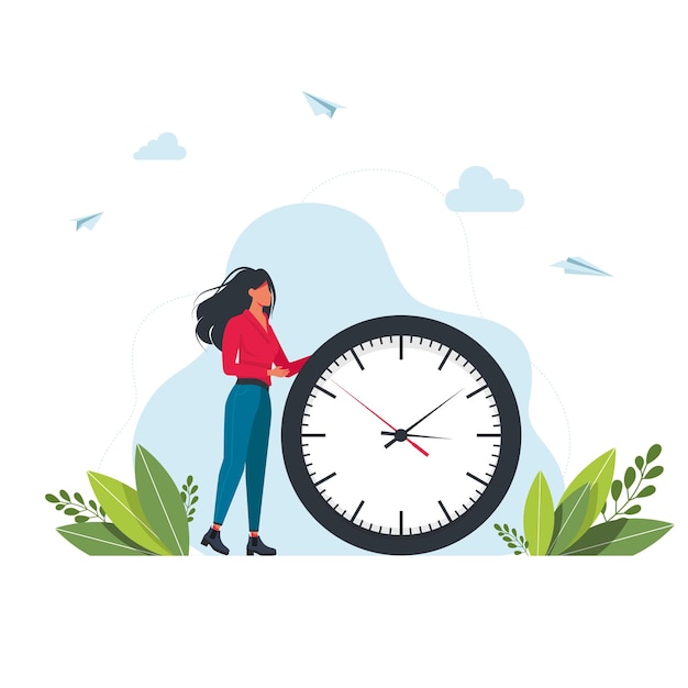 Mujer apresurada y reloj de pared. Concepto de gestión del tiempo, planificación eficaz para el trabajo productivo, tarea estresante, fecha límite, cuenta atrás. Ilustración de vector colorido plano moderno para cartel, banner.