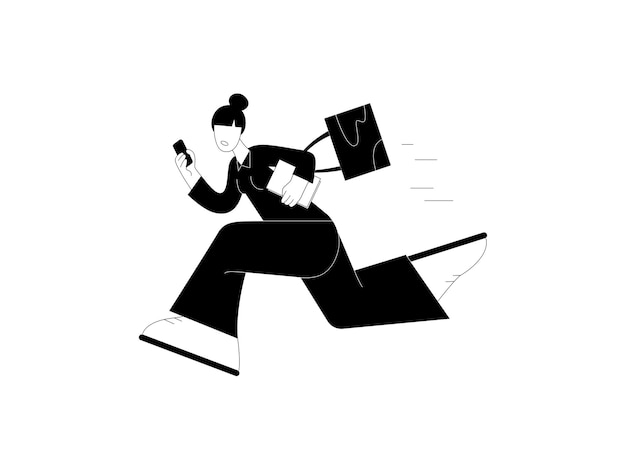 Mujer apresurándose para trabajar mientras revisa su teléfono ilustración vectorial dibujada a mano para teléfono