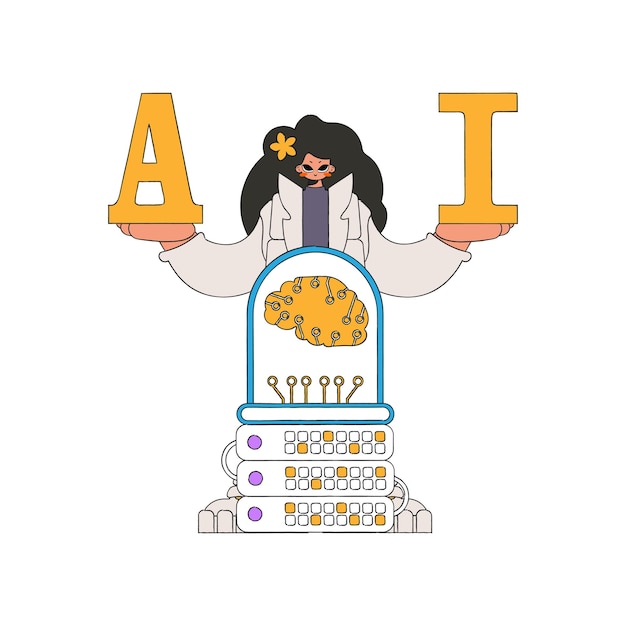 Una mujer aprieta A y I como una ilustración vectorial con temática AI.