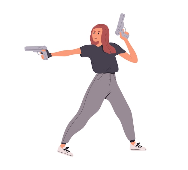 Mujer apuntando a smb con pistolas. Asesina de pie y sosteniendo pistolas en ambas manos, y apuntando. Persona amenazando con arma. Ilustración de vector plano aislado sobre fondo blanco