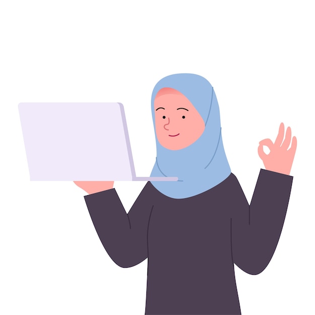 Mujer árabe hijab gesto ok sosteniendo laptop dibujos animados