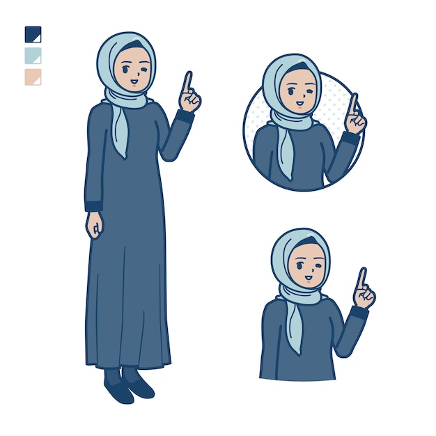 Una mujer árabe en hiyab con imágenes de signos de mano que señalan