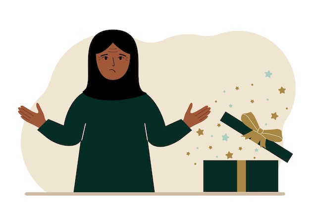 Una mujer árabe junto a un regalo abierto el concepto de un descuento de promoción sorpresa navideña
