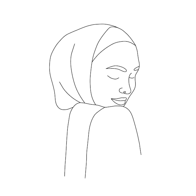 Mujer árabe lineal en hijab Retrato femenino minimalista contemporáneo con los ojos cerrados