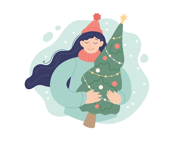 Mujer con árbol de Navidad Concepto de invierno festivo Ilustración vectorial de estilo simple