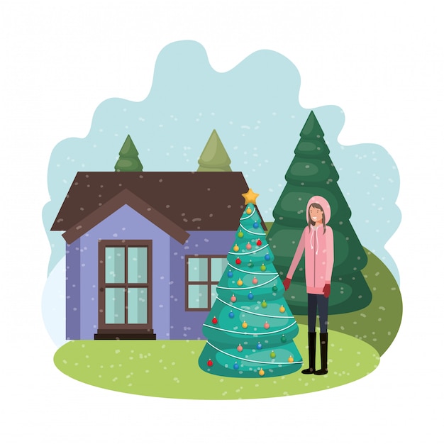 Vector mujer con árbol de navidad fuera de la casa