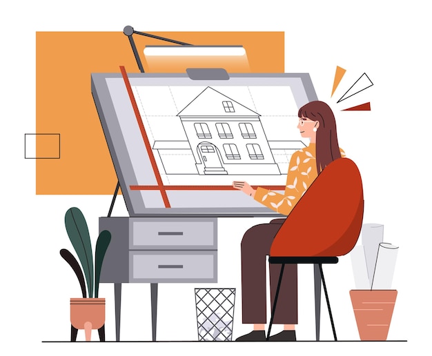 Mujer arquitecta en el concepto de vector de lugar de trabajo