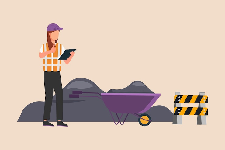 Vector mujer arquitecta con sombrero duro revisando la nota y mostrando los pulgares hacia arriba en el sitio de construcción concepto de mujer moderna ilustración de vector plano de color aislado
