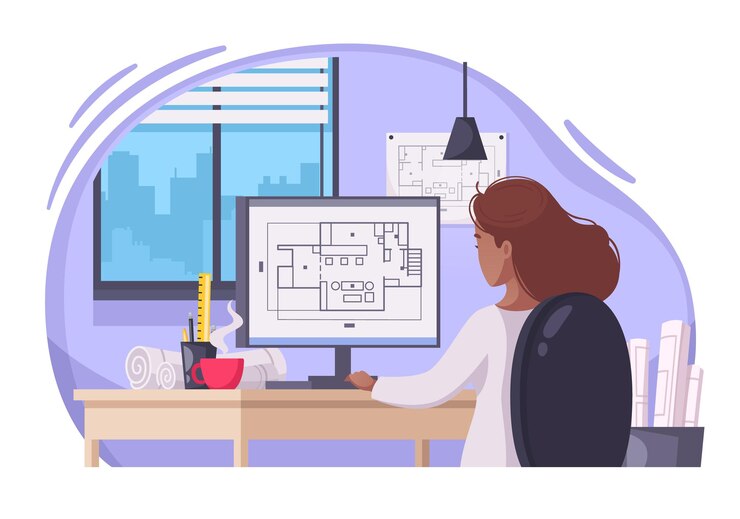 Vector mujer arquitecto creando proyectos de construcción con dibujos técnicos en la computadora ilustración de dibujos animados de computadora