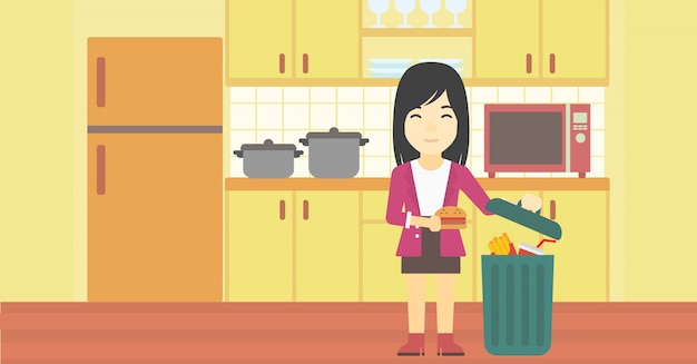 Mujer arrojando comida chatarra ilustración vectorial.