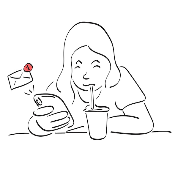 mujer de arte de línea leyendo correo electrónico en su teléfono inteligente y bebiendo café helado en la ilustración de la mesa