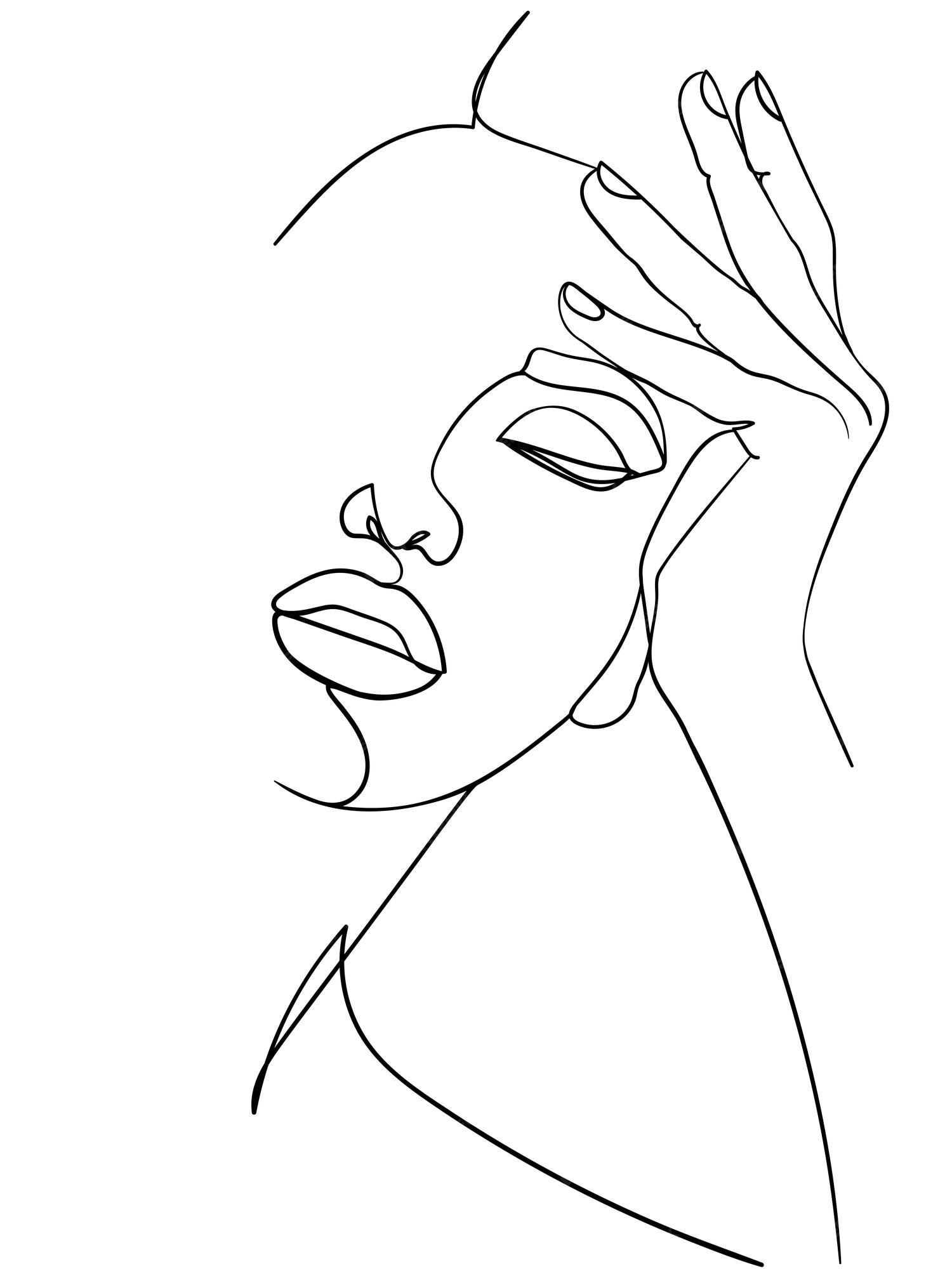 Mujer de arte de línea mínima con la mano en la cara. dibujo de líneas  negras. - ilustración vectorial | Vector Premium