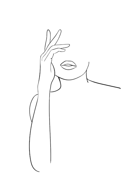 Mujer de arte de línea mínima con la mano en la cara. Dibujo de líneas negras. - ilustración vectorial