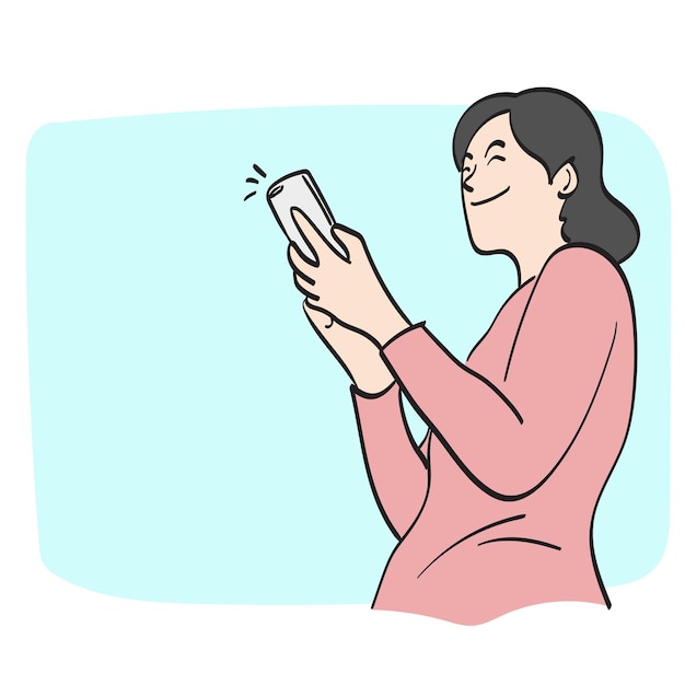 mujer de arte de línea usando un teléfono inteligente en un espacio en blanco azul ilustración vectorial dibujada a mano