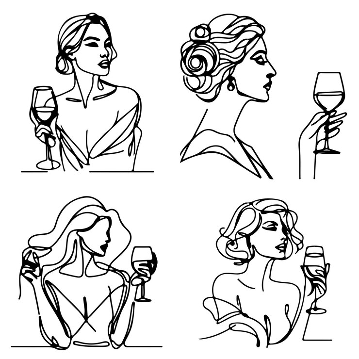 Mujer con arte de línea vectorial de vaso de vino