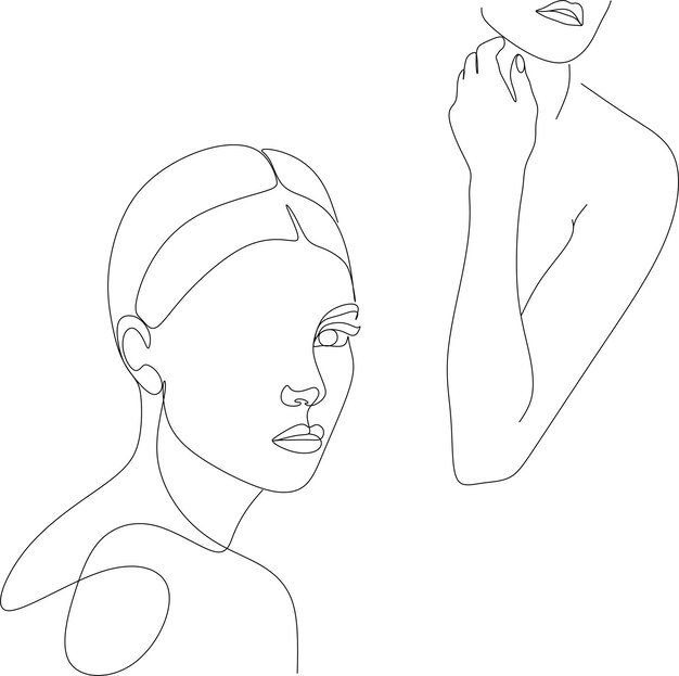 Mujer de arte de líneas mínimas con la mano en la cara Dibujo de líneas negras Ilustración vectorial