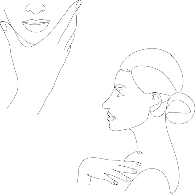 Mujer de arte de líneas mínimas con la mano en la cara Dibujo de líneas negras Ilustración vectorial