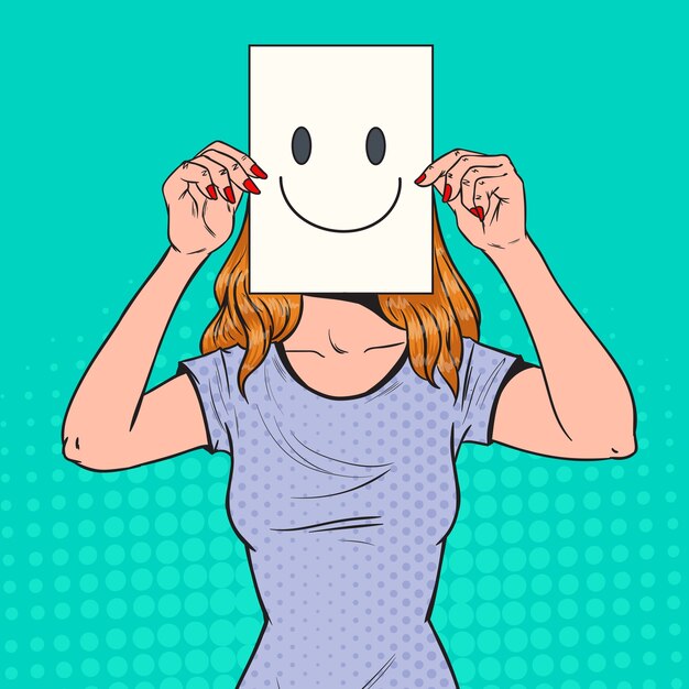 Mujer de arte pop con emoticono sonriente en hoja de papel