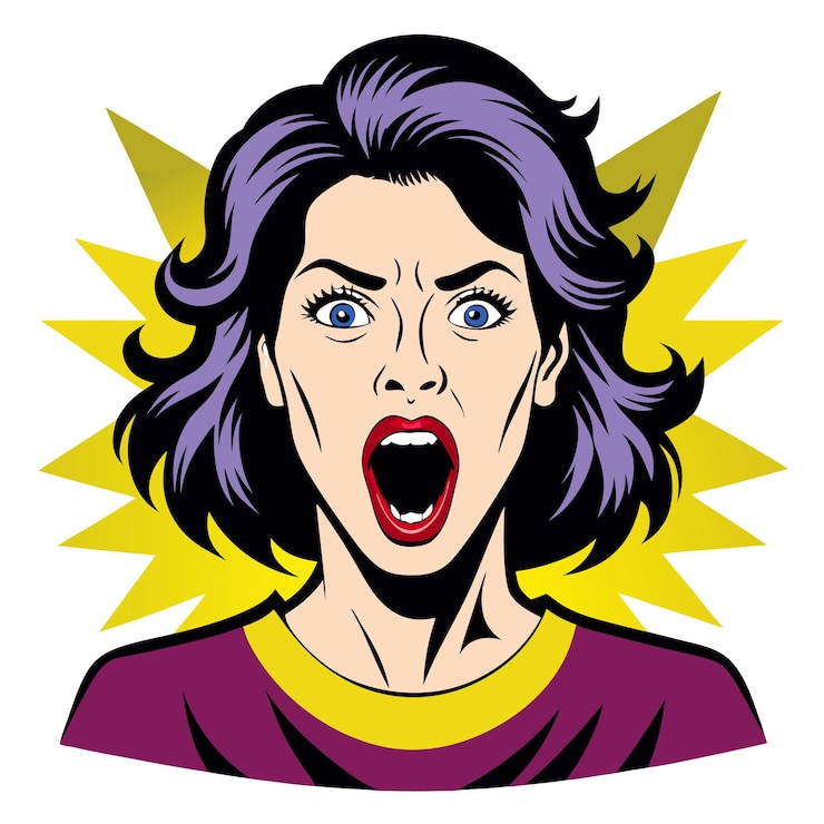 Vector mujer de arte pop gritando en un estilo de dibujos animados cómicos con un tema de venta audaz