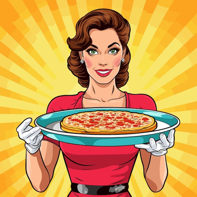 Vector mujer de arte pop sosteniendo una bandeja con una ilustración de pizza dibujada a mano