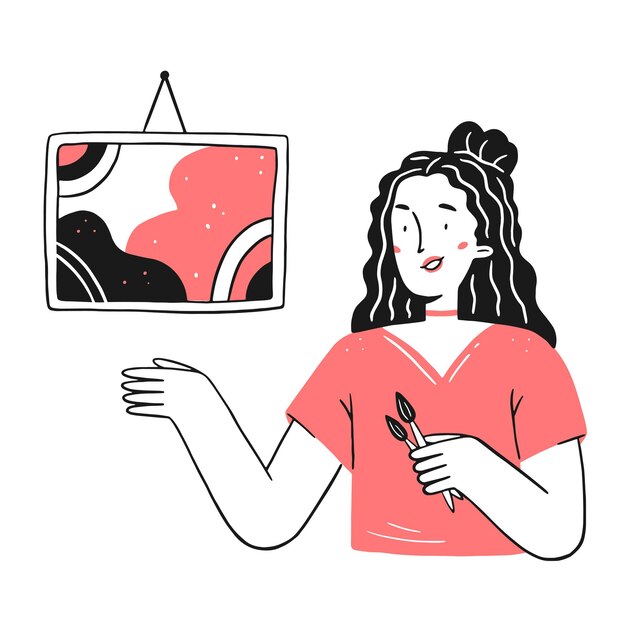 Una mujer artista feliz muestra un cuadro Creador de personajes feliz La niña muestra un cuadro pintado
