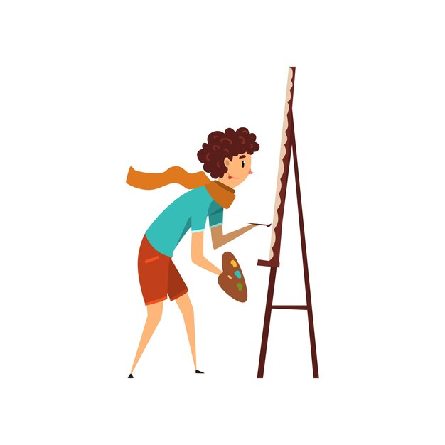 Mujer artista personaje dibujando en un caballete con pinturas afición o profesión concepto vector de dibujos animados