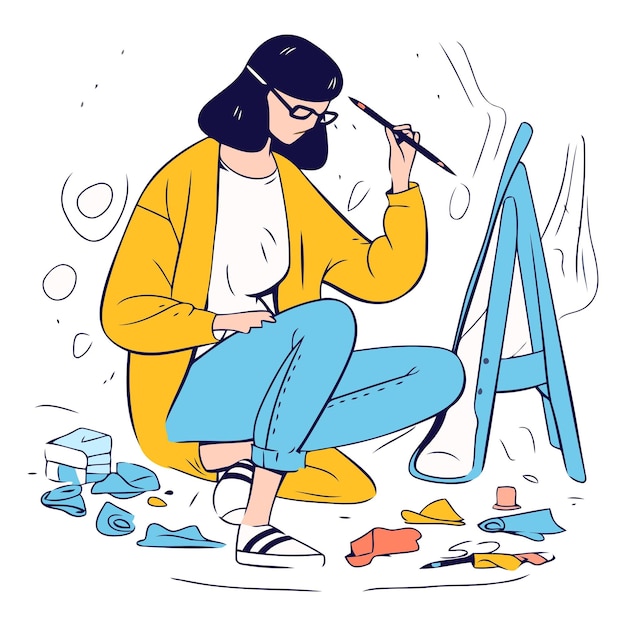 Vector una mujer artista pinta una imagen en estilo doodle