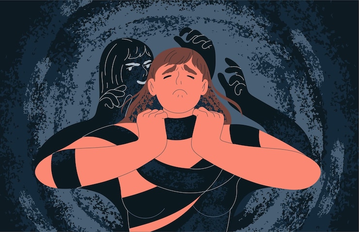 Vector mujer asfixiada por la sombra de la oscuridad.