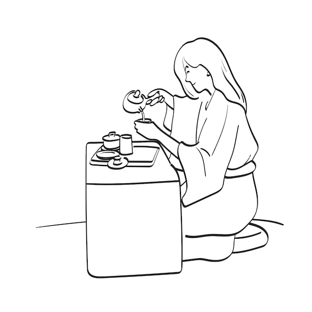 mujer asiática llevando a cabo la ceremonia tradicional del té en la mesa ilustración vectorial dibujada a mano aislada