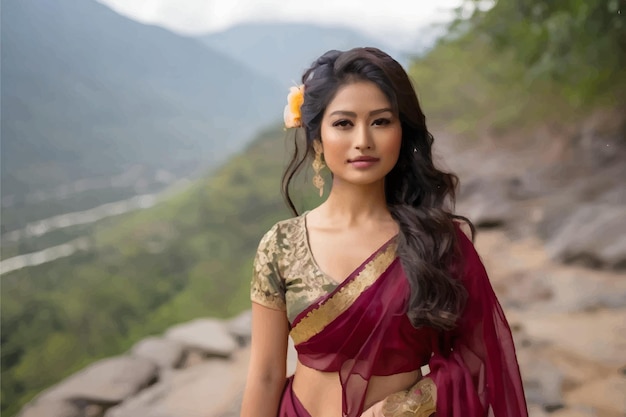 Mujer asiática con sari tradicional indio en frente de la montaña en la foto de la India