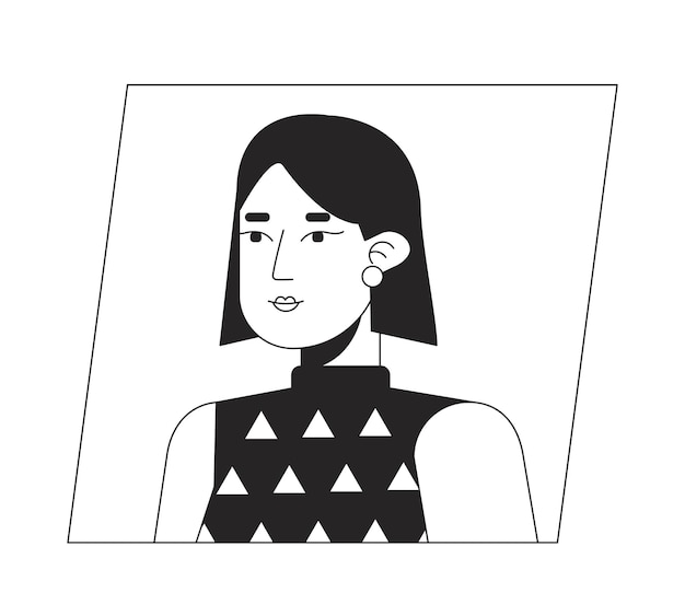 Mujer asiática seria con cabello corto icono de avatar de dibujos animados blanco y negro Editable retrato de usuario de personaje 2D ilustración plana lineal perfil facial vectorial Contorno de la cabeza y los hombros de la persona