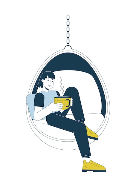 Mujer asiática con taza de café en silla colgante carácter vectorial de color de línea plana