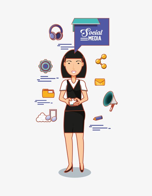 mujer asiática tiene iconos de redes sociales de teléfono móvil