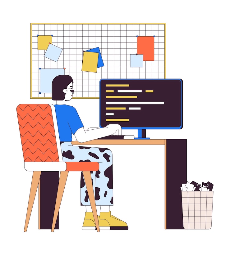 Vector mujer asiática trabajando en computadora personaje de dibujos animados lineal 2d