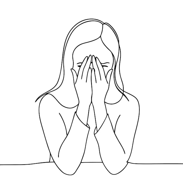 Mujer con aspecto ansioso cubriendo parcialmente la cara con las manos vector de arte de línea continua