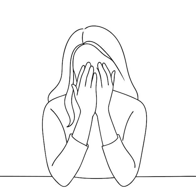 Mujer con aspecto ansioso cubriendo parcialmente la cara con las manos vector de arte de línea continua