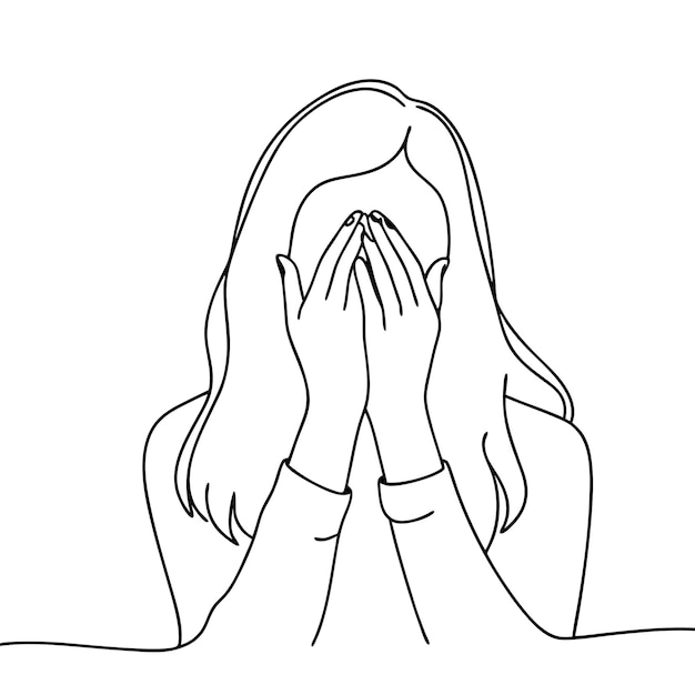 Mujer con aspecto ansioso cubriendo parcialmente la cara con las manos vector de arte de línea continua