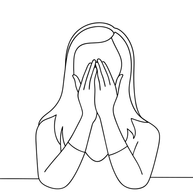 Mujer con aspecto ansioso cubriendo parcialmente la cara con las manos vector de arte de línea continua
