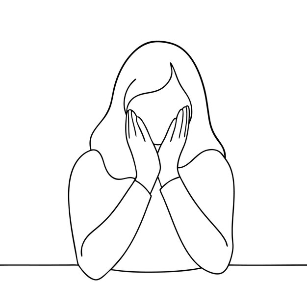 Mujer con aspecto ansioso cubriendo parcialmente la cara con las manos vector de arte de línea continua