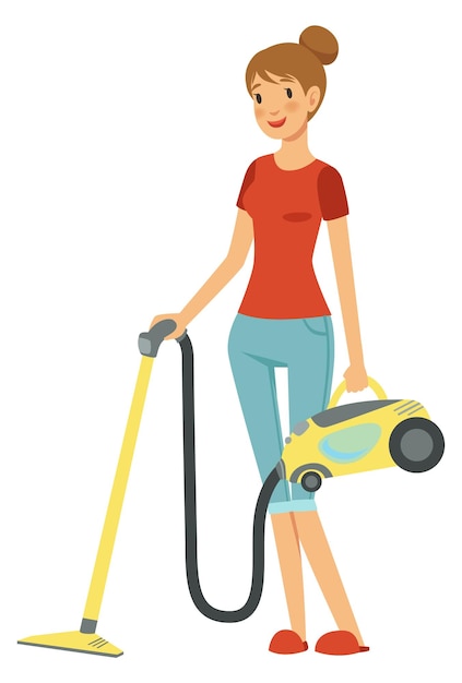 Vector mujer con aspiradora ilustración en color de un personaje doméstico