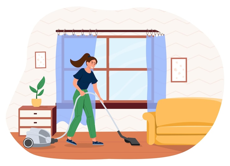 Vector mujer aspirando piso