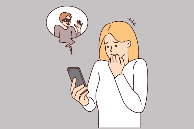 Mujer asustada frustrada con estafa de internet en celular