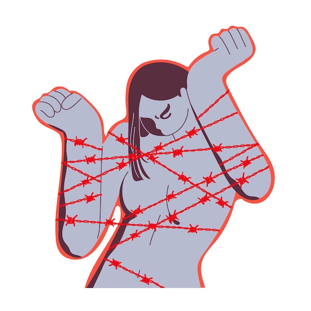 Mujer atada con alambre de púas privada de su libertad